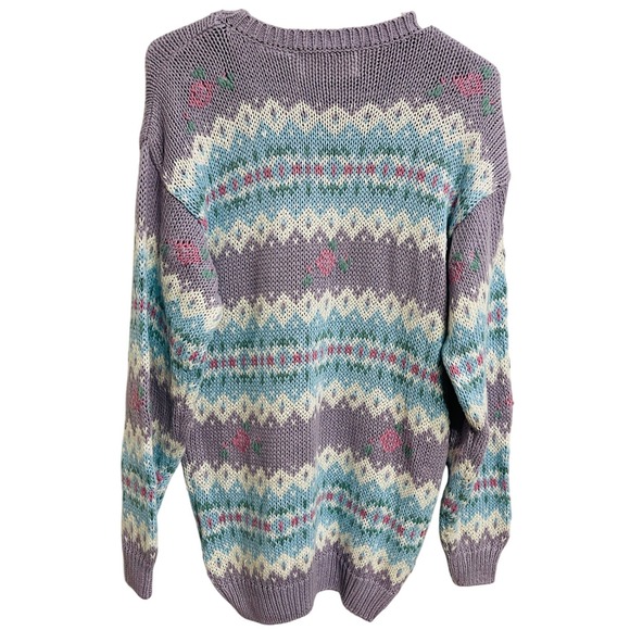 Vintage 90s Mixed Blues Pastel Fair Isle Floral Sweater Cottagecore Grandma M - Picture 2 of 4